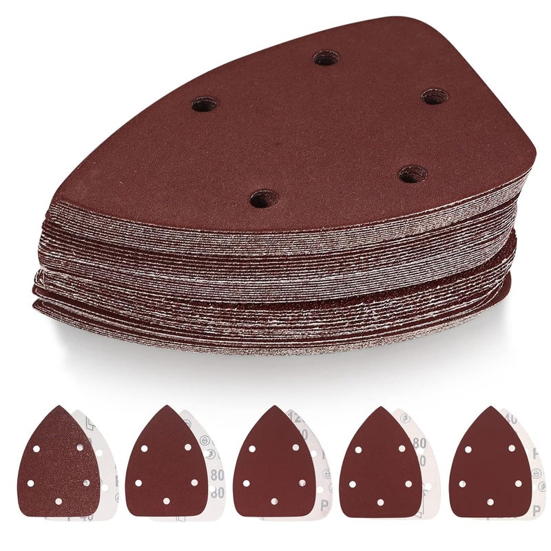 TOOINKCV 50 Pcs Mouse Detail Sander Sandpaper, 40/80/120/180/240 Grit Hook and Loop 140mm Mouse Sander Pads, Sander Replacement Pads, Assorted Triangle Sandpaper for Detail Mouse Sander - Image 1